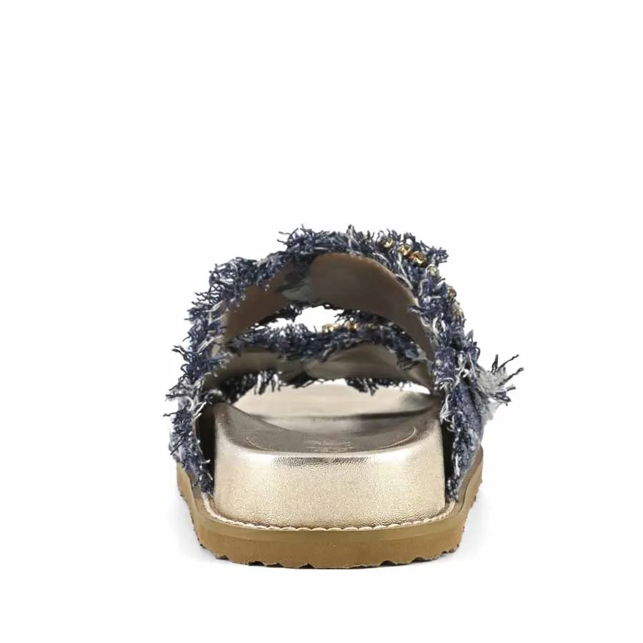 Coral Blue birkenstock slide doppia fascia gioiello denim sfangiato