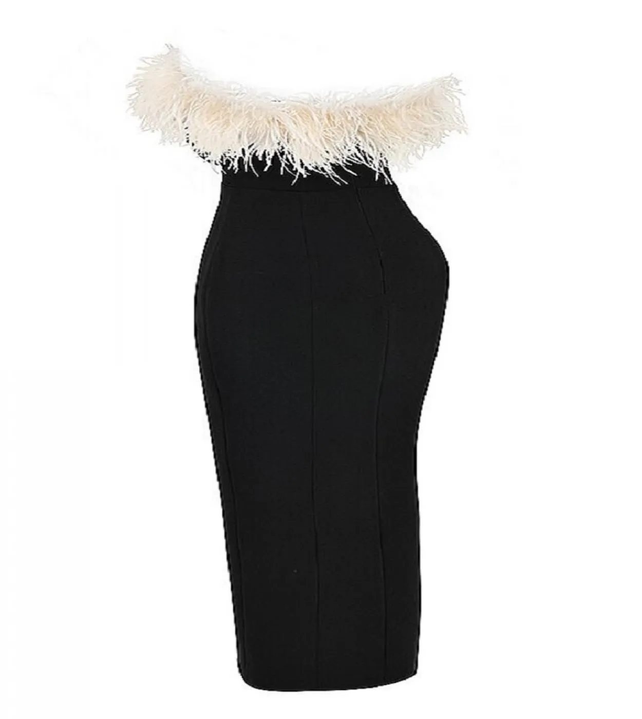 Hashupha Feathers Collar Bandage Dress Nero senza spalline senza maniche Split Elegante aderente Celebrity Evening Party Mid Dre