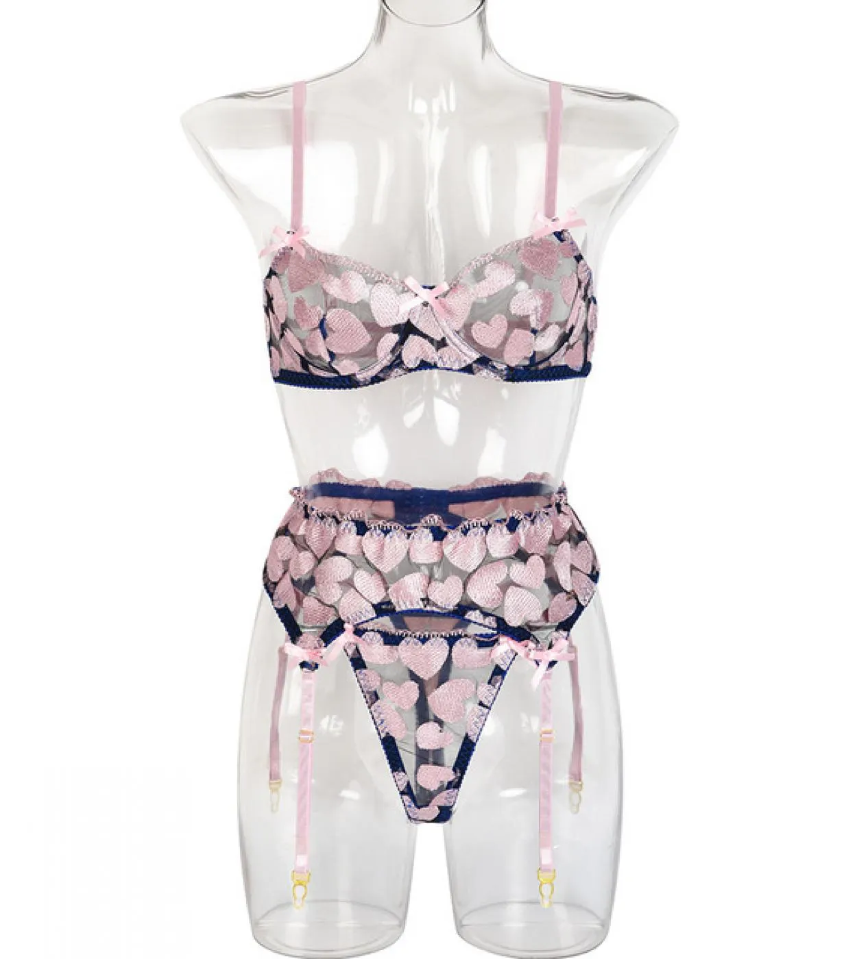 Lingerie da donna Set 3 pezzi Ricamo sensuale Set di slip trasparenti Reggicalze fantasia Lingerie Reggiseno Push Up e Thon